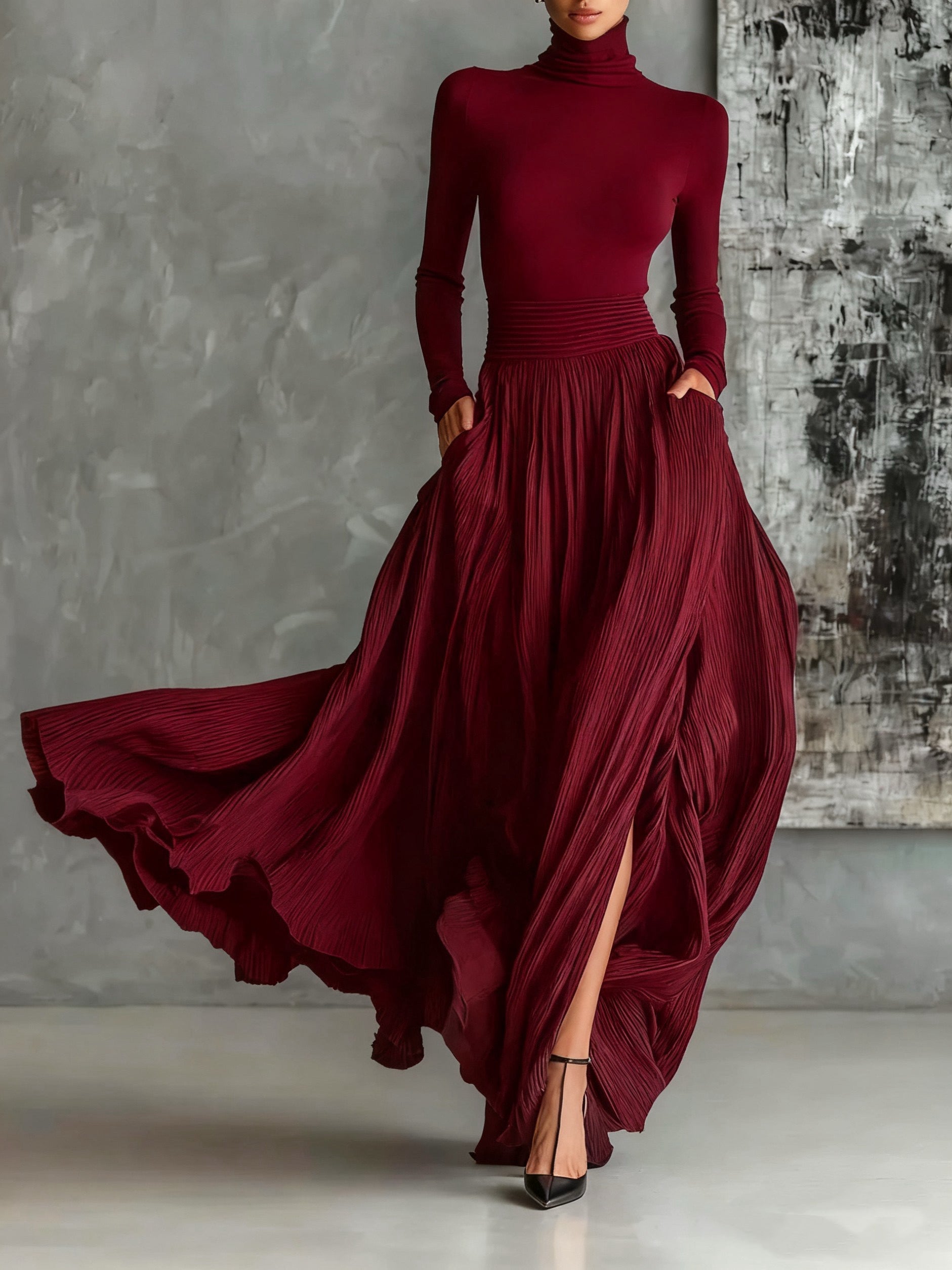 All-Black Skinny Turtleneck Top & Pleated Skirt Set